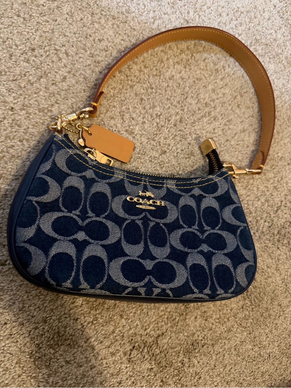 Coach Denim Signature Mini Bag in Navy with Tan Strap